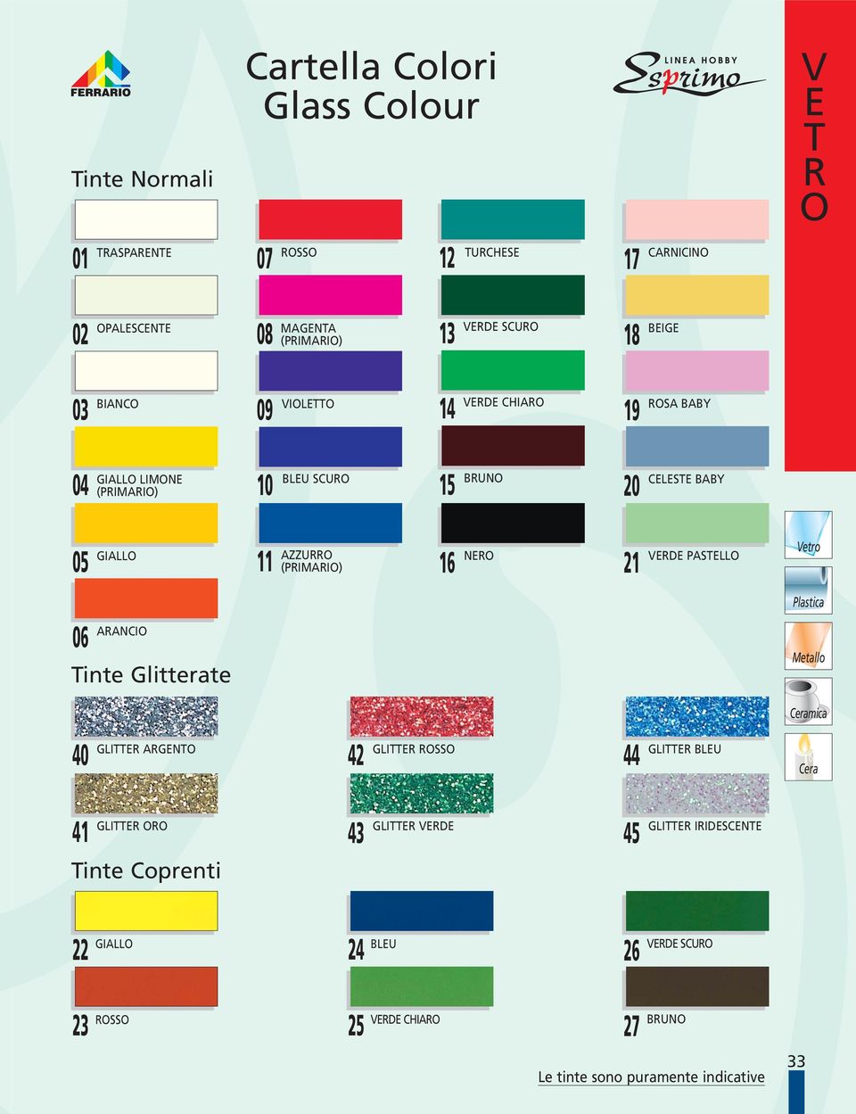 16 NERO 21 VERDE PASTELLO Vetro 06 ARANCIO Tinte Glitterate Plastica Metallo Ceramica 40 GLITTER ARGENTO 42 GLITTER ROSSO 44 GLITTER BLEU Cera 41 GLITTER ORO