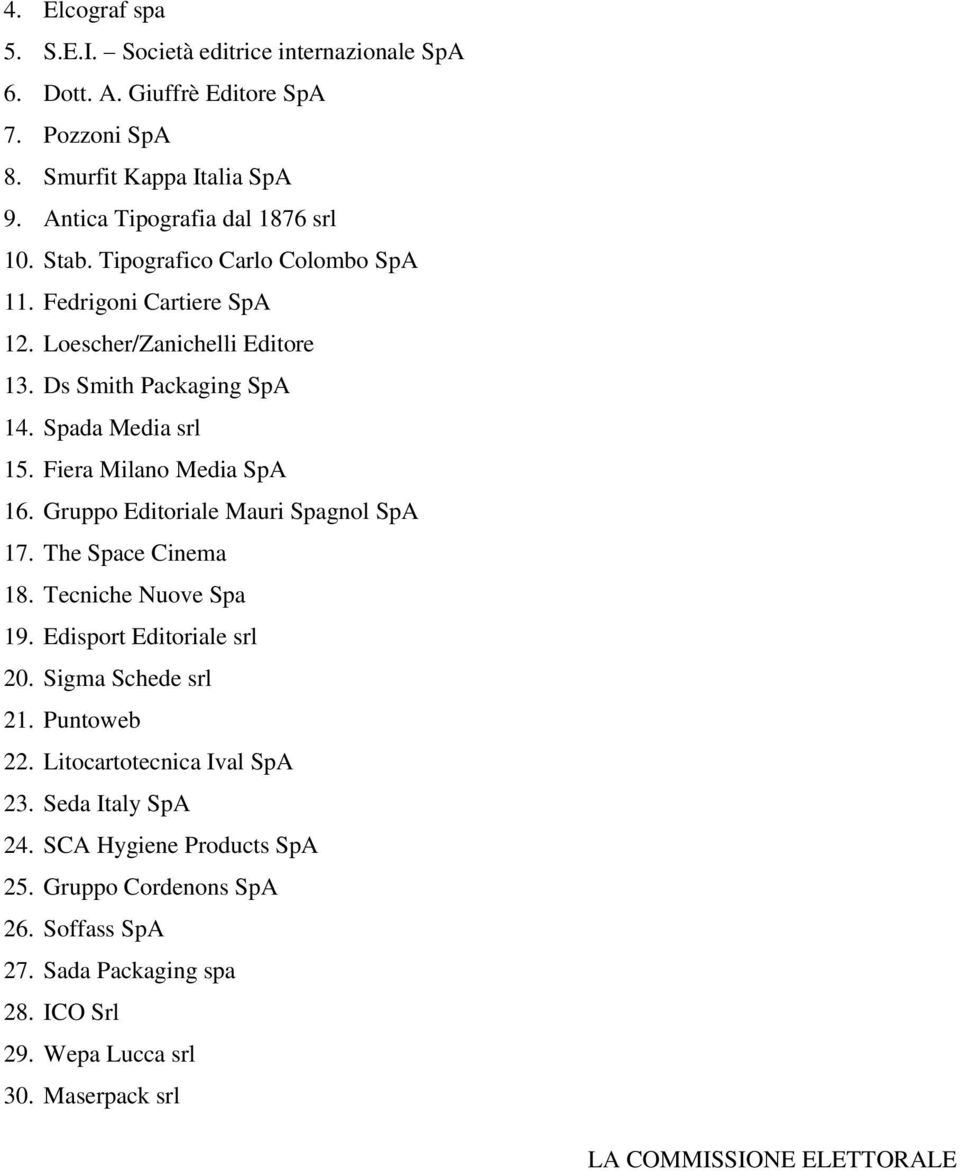 Gruppo Editoriale Mauri Spagnol SpA 17. The Space Cinema 18. Tecniche Nuove Spa 19. Edisport Editoriale srl 20. Sigma Schede srl 21. Puntoweb 22. Litocartotecnica Ival SpA 23.