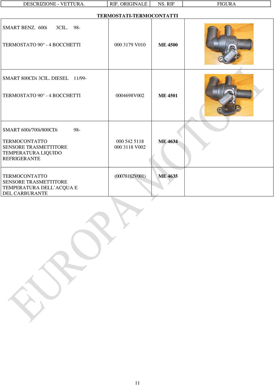 DIESEL 11/99 TERMOSTATO 90 4 BOCCHETTI 0004698V002 ME 4501 SMART 600i/700i/800CDi 98 TERMOCONTATTO SENSORE