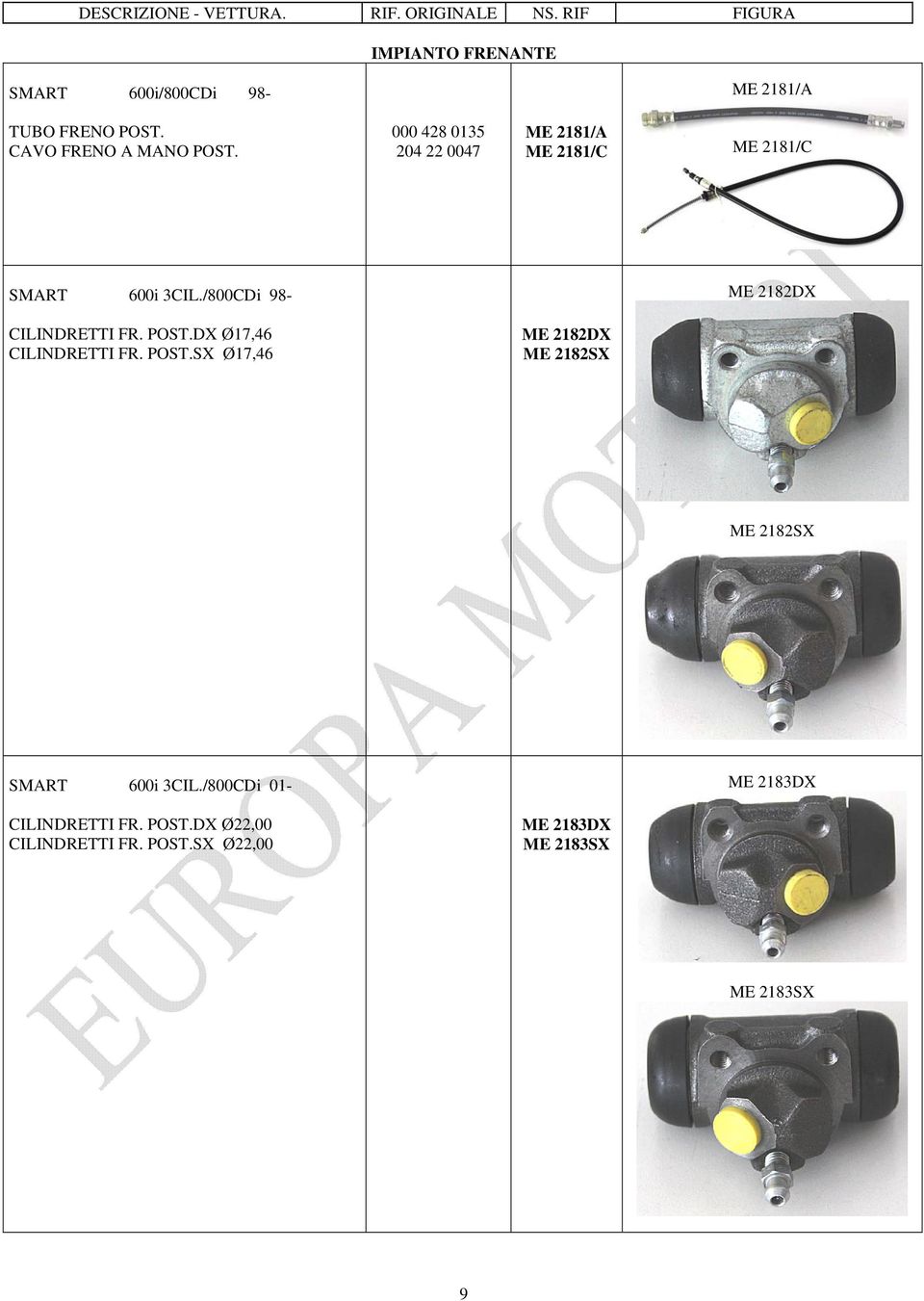 000 428 0135 204 22 0047 ME 2181/A ME 2181/C ME 2181/C SMART 600i 3CIL./800CDi 98 ME 2182DX CILINDRETTI FR. POST.