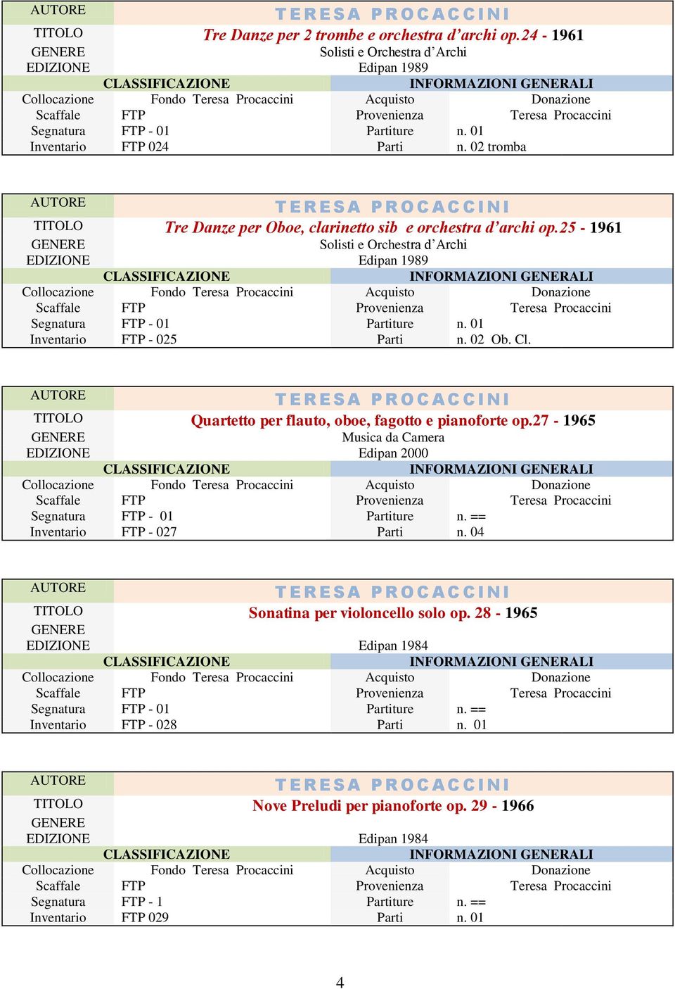 01 Inventario FTP - 025 Parti n. 02 Ob. Cl. TITOLO Quartetto per flauto, oboe, fagotto e pianoforte op.27-1965 Segnatura FTP - 01 Partiture n. == Inventario FTP - 027 Parti n.