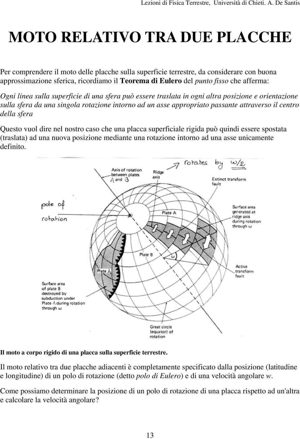 centro della sfera Questo vuol dire nel nostro caso che una placca superficiale rigida può quindi essere spostata (traslata) ad una nuova posizione mediante una rotazione intorno ad una asse