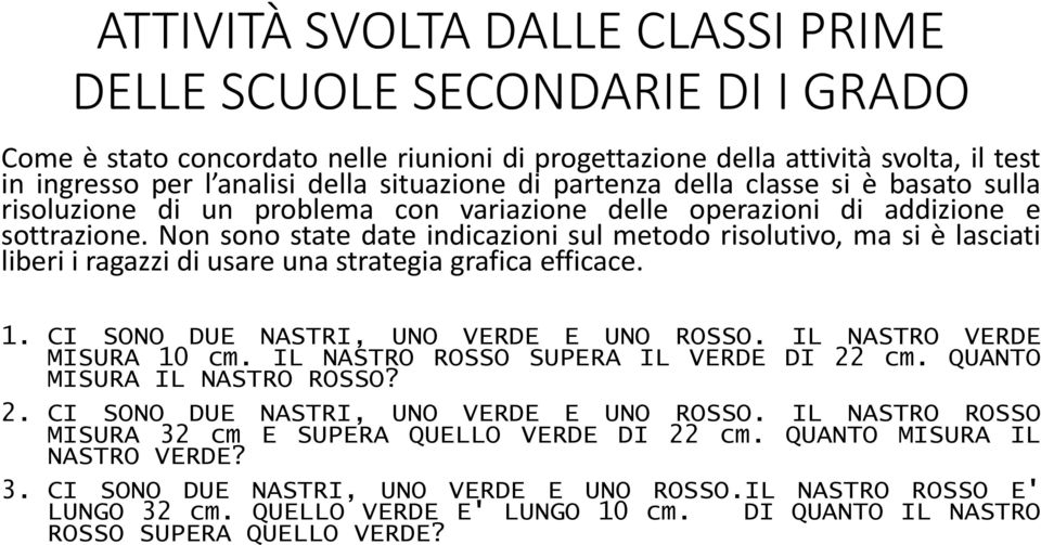 Non sono state date indicazioni sul metodo risolutivo, ma si è lasciati liberi i ragazzi di usare una strategia grafica efficace. 1. CI SONO DUE NASTRI, UNO VERDE E UNO ROSSO.