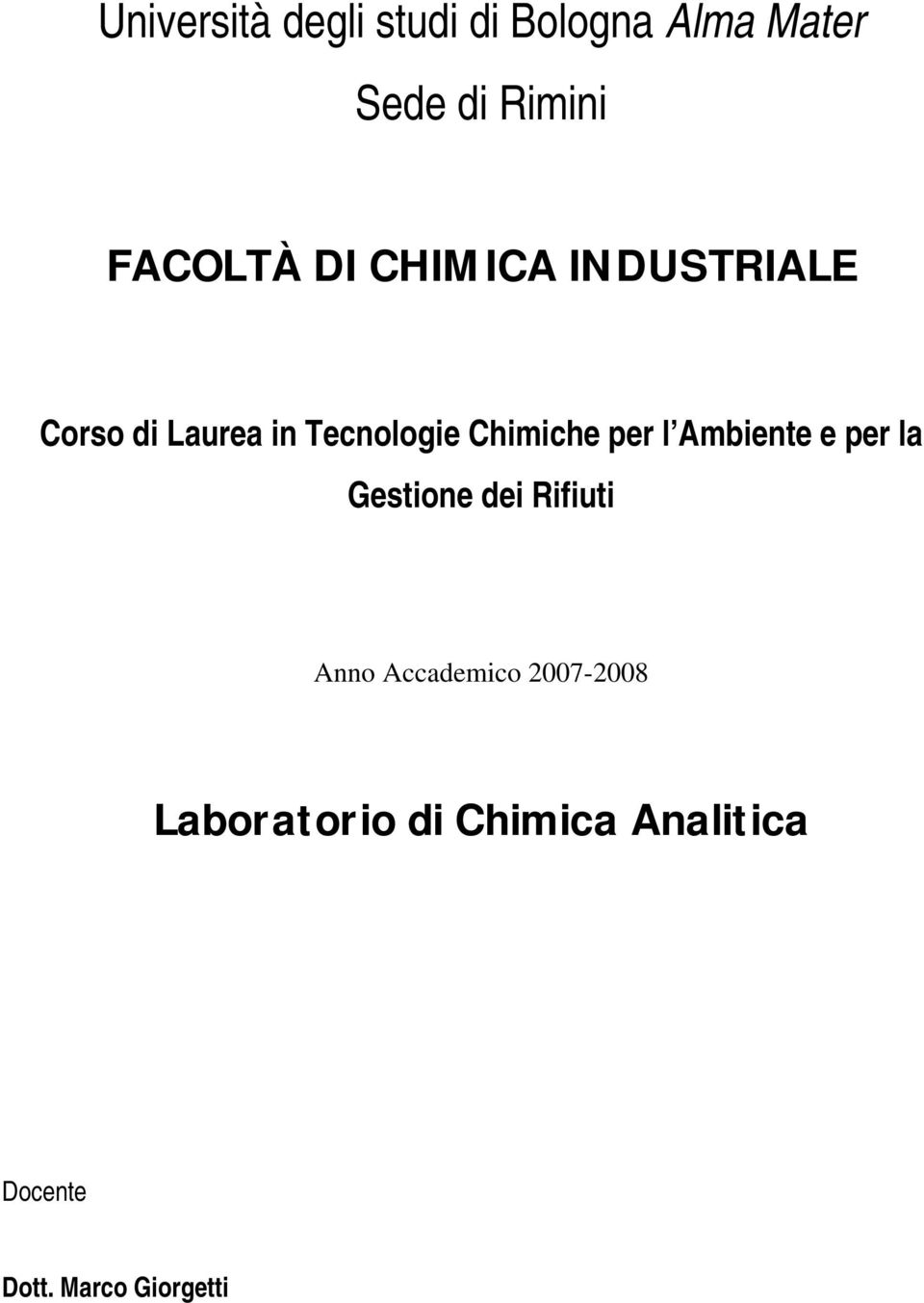 Chimiche per l Ambiente e per la Gestione dei Rifiuti Anno