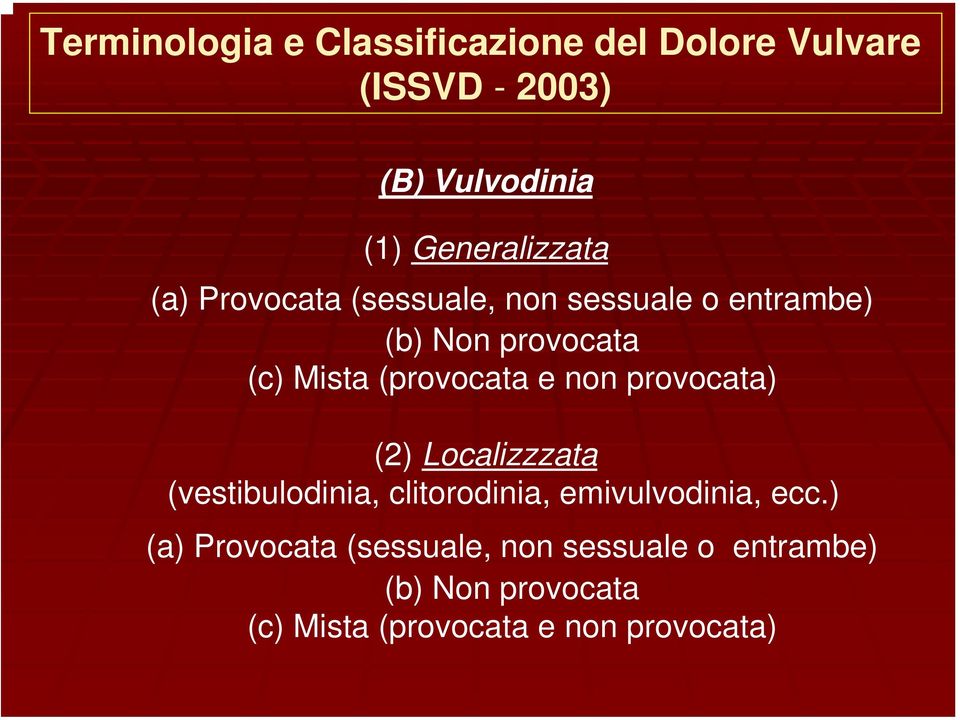 (provocata e non provocata) (2) Localizzzata (vestibulodinia, clitorodinia, emivulvodinia, ecc.