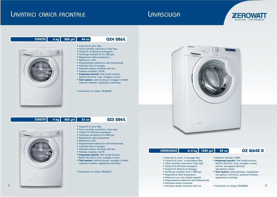 Tasti opzione: extrarisciacquo, lavaggio a freddo, Dimensioni cm (hxlxp): 85x0x40 STRETT 4 kg 800 giri 33 cm 0Z3 084/L 8 apacità di carico 4kg lasse di efficienza energetica entrifuga variabile da 0