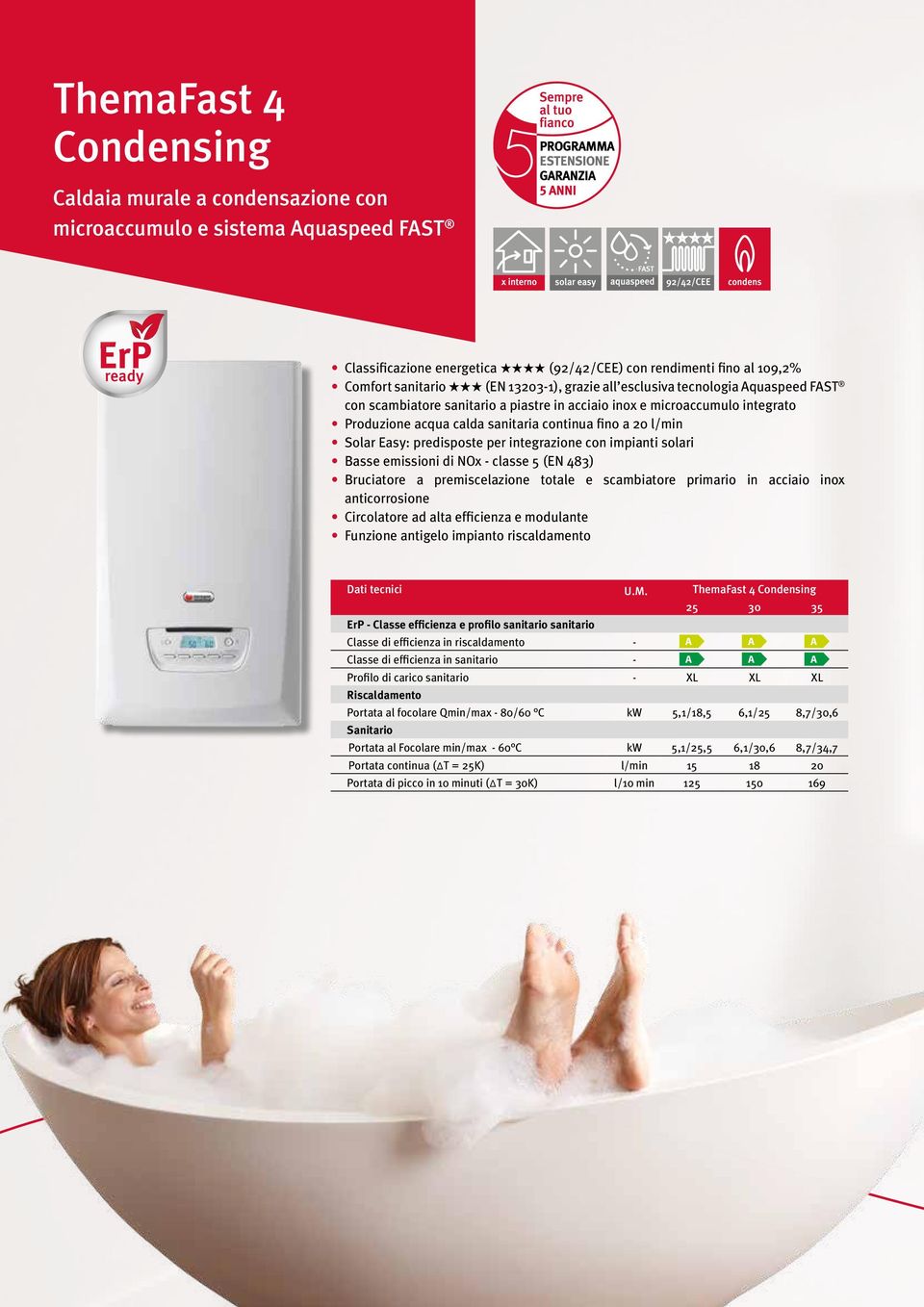 Easy: predisposte per integrazione con impianti solari Basse emissioni di NOx - classe 5 (EN 483) Bruciatore a premiscelazione totale e scambiatore primario in acciaio inox anticorrosione Circolatore