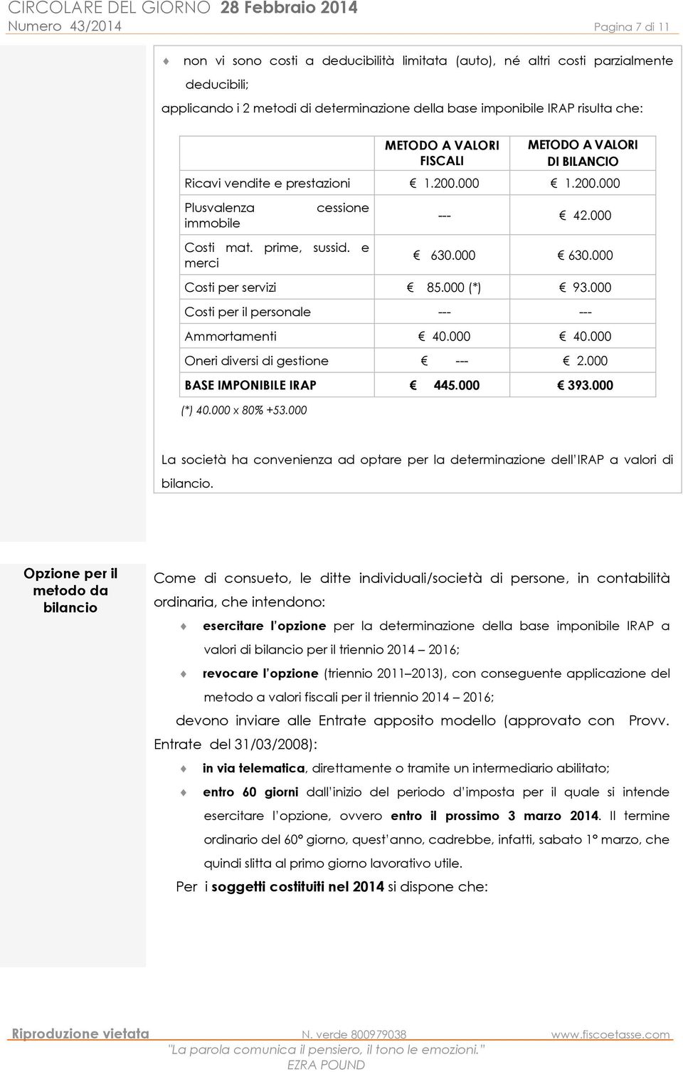 000 630.000 Costi per servizi 85.000 (*) 93.000 Costi per il personale --- --- Ammortamenti 40.000 40.000 Oneri diversi di gestione --- 2.000 BASE IMPONIBILE IRAP 445.000 393.000 (*) 40.000 x 80% +53.