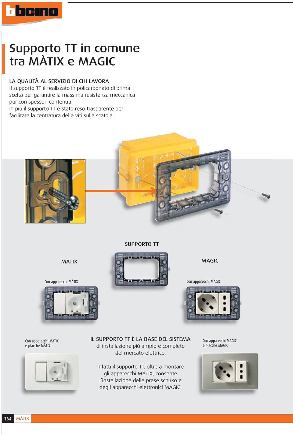 SUPPORTO TT MÀTIX MAGIC Con apparecchi MÀTIX Con apparecchi MAGIC Con apparecchi MÀTIX e placche MÀTIX IL SUPPORTO TT È LA BASE DEL SISTEMA di installazione più ampio e