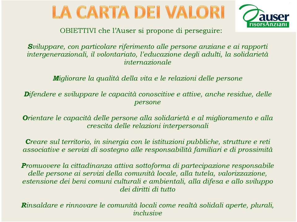 capacitàdelle persone alla solidarietàe al miglioramento e alla crescita delle relazioni interpersonali Creare sul territorio, in sinergia con le istituzioni pubbliche, strutture e reti associative e