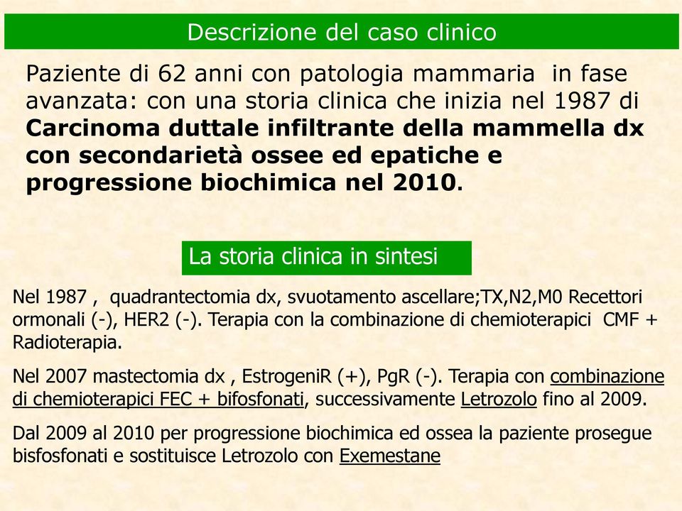 La storia clinica in sintesi Nel 1987, quadrantectomia dx, svuotamento ascellare;tx,n2,m0 Recettori ormonali (-), HER2 (-).