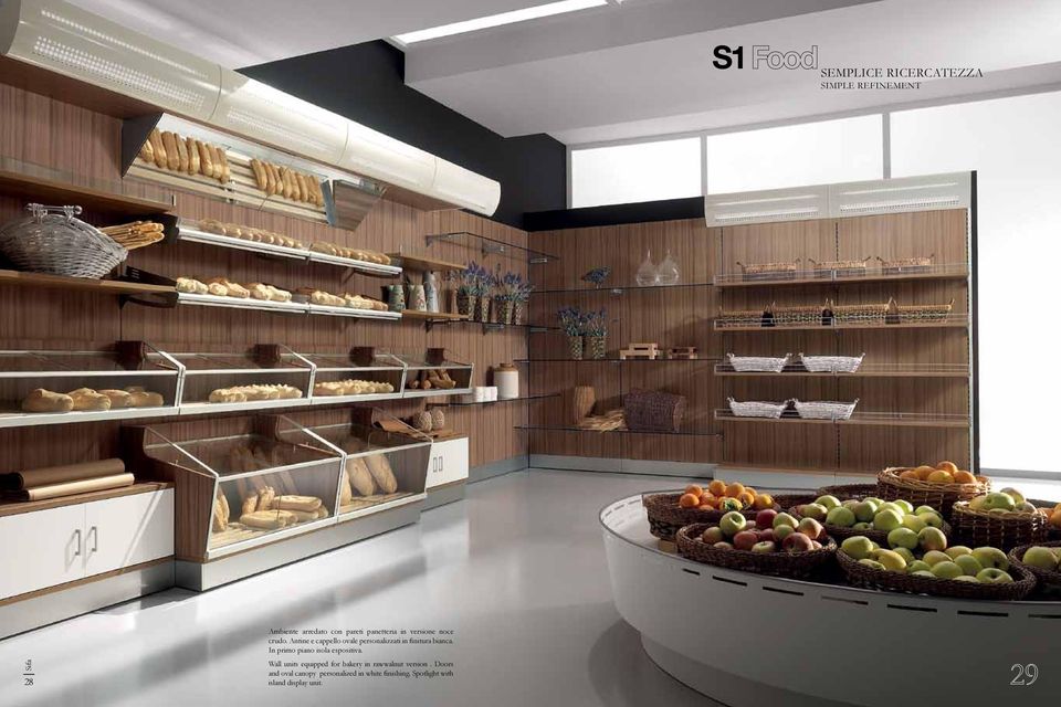 In primo piano isola espositiva. Wall units equipped for bakery in rawwalnut version.