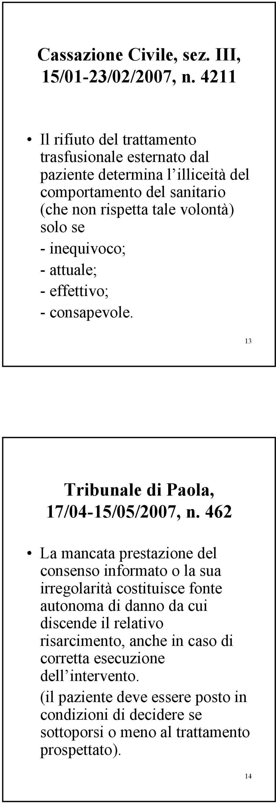 solo se - inequivoco; - attuale; - effettivo; - consapevole. 13 Tribunale di Paola, 17/04-15/05/2007, n.