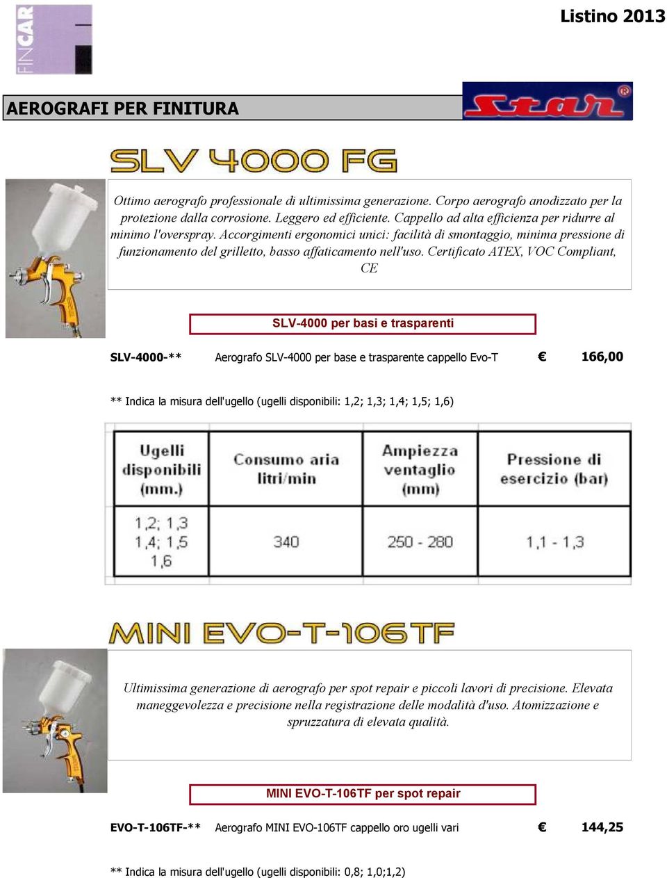 Certificato ATEX, VOC Compliant, CE SLV-4000 per basi e trasparenti SLV-4000-** Aerografo SLV-4000 per base e trasparente cappello Evo-T 166,00 ** Indica la misura dell'ugello (ugelli disponibili: