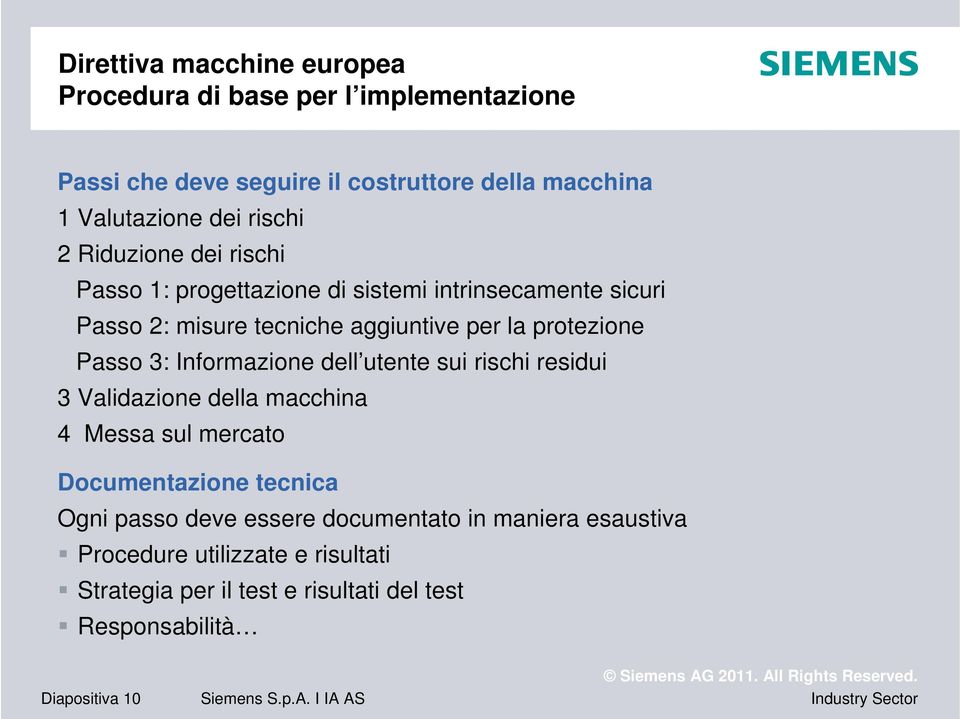 Passo 3: Informazione dell utente sui rischi residui 3 Validazione della macchina 4 Messa sul mercato Documentazione tecnica Ogni passo deve