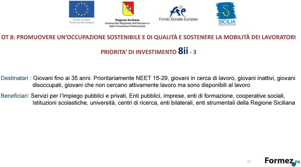 Prioritariamente NEET 15-29, giovani in cerca di lavoro, giovani inattivi, giovani disoccupati, giovani che non cercano attivamente lavoro ma