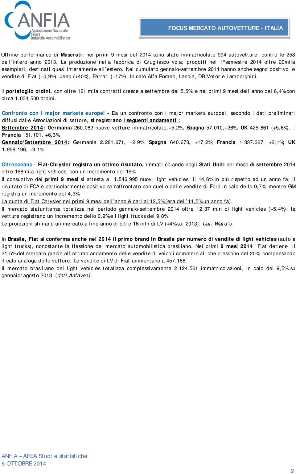 Nel cumulato gennaio-tembre hanno anche segno positivo le vendite di Fiat (+0,9%), Jeep (+40%), Ferrari (+17%). In calo Alfa Romeo, Lancia, DR Motor e Lamborghini.