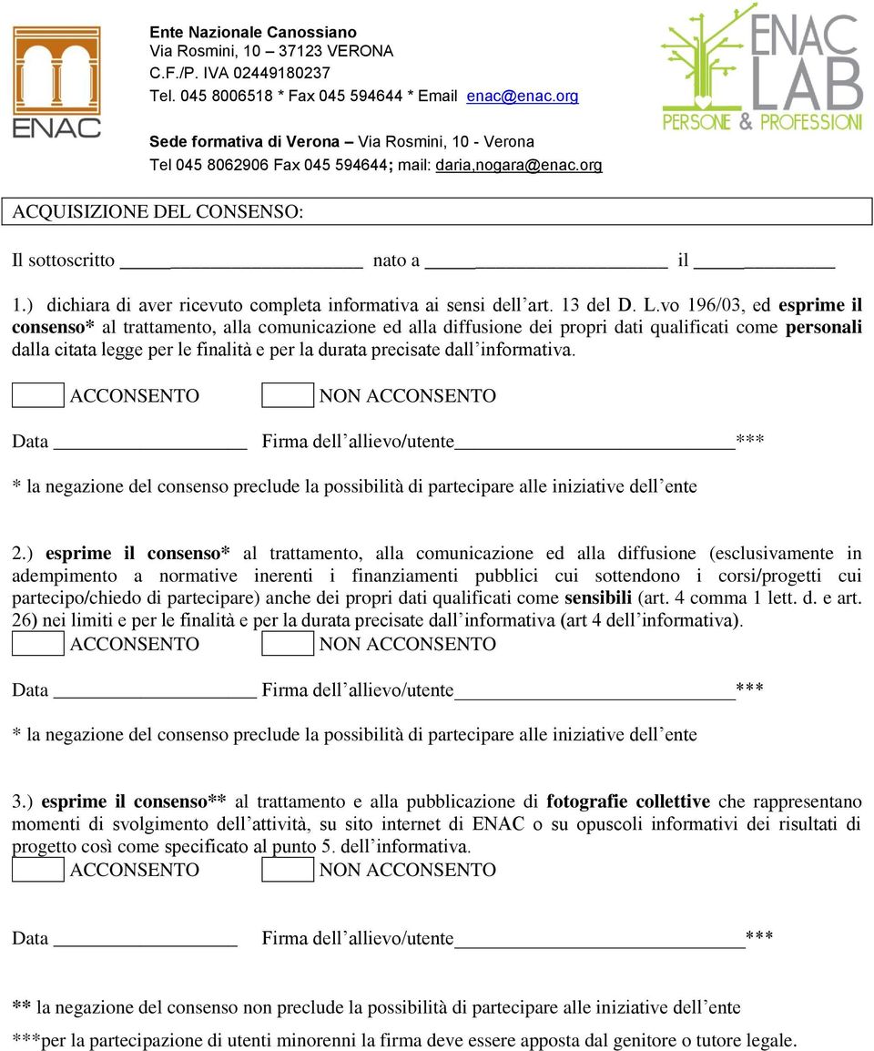 informativa. ACCONSENTO NON ACCONSENTO Data Firma dell allievo/utente *** * la negazione del consenso preclude la possibilità di partecipare alle iniziative dell ente 2.