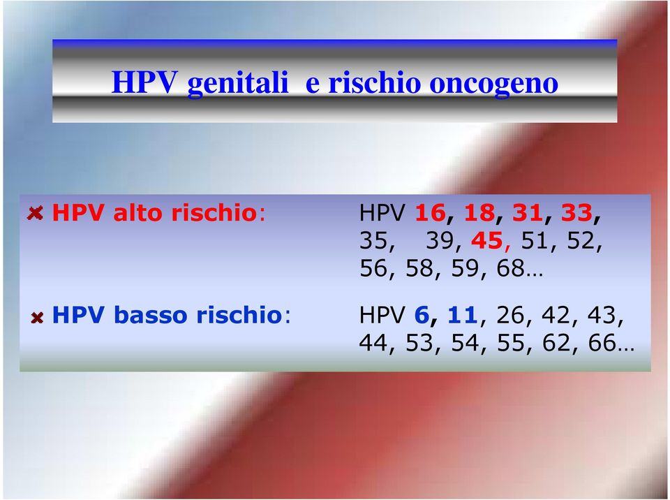 51, 52, 56, 58, 59, 68 HPV basso rischio: