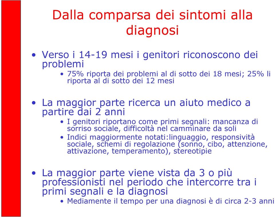 camminare da soli Indici maggiormente notati:linguaggio, responsività sociale, schemi di regolazione (sonno, cibo, attenzione, attivazione, temperamento), stereotipie