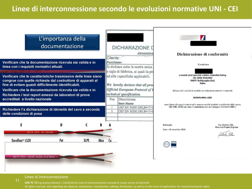 Verificare che la documentazione ricevuta sia valida e in linea Richiedere con i requisiti i test report normativi emessi attuali.