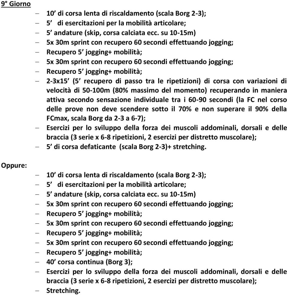 recupero di passo tra le ripetizioni) di corsa con variazioni di velocità di 50-100m (80% massimo del momento) recuperando in maniera attiva secondo sensazione individuale tra i 60-90 secondi (la FC