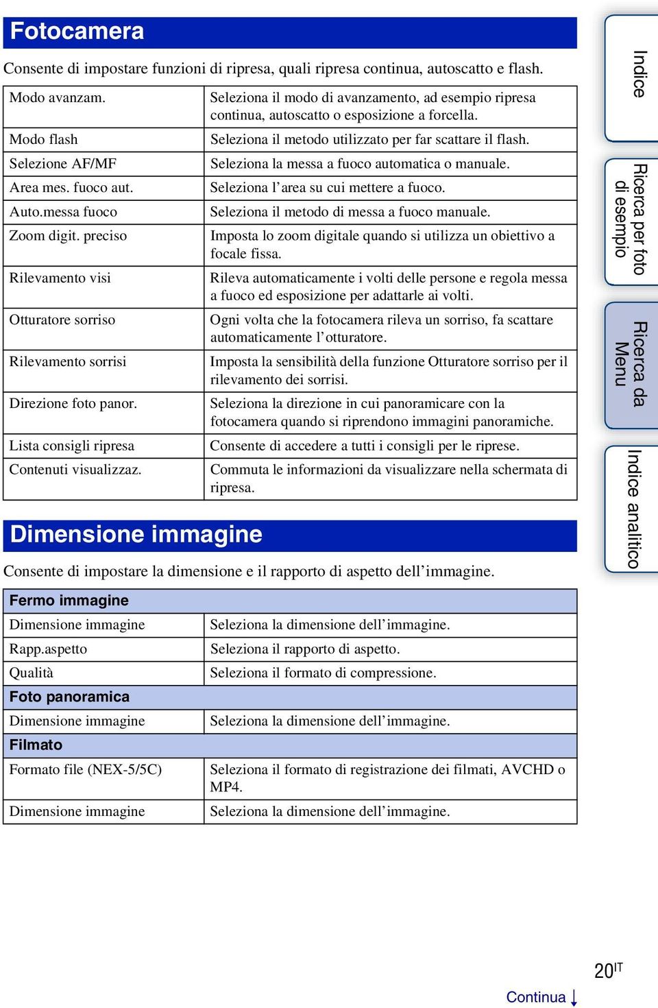 visualizzaz.) Dimensione immagine Seleziona il modo di avanzamento, ad esempio ripresa continua, autoscatto o esposizione a forcella. Seleziona il metodo utilizzato per far scattare il flash.