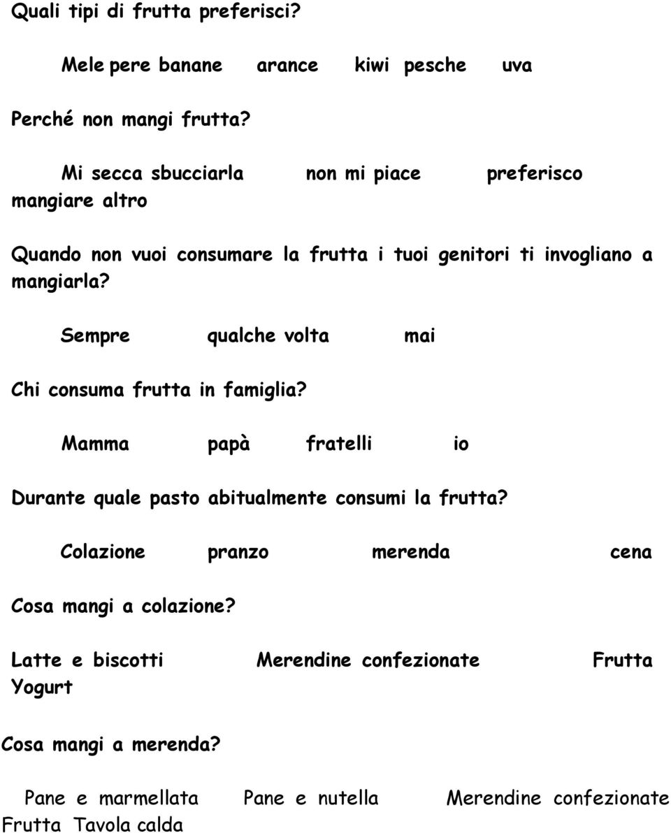 Sempre qualche volta mai Chi consuma frutta in famiglia? Mamma papà fratelli io Durante quale pasto abitualmente consumi la frutta?