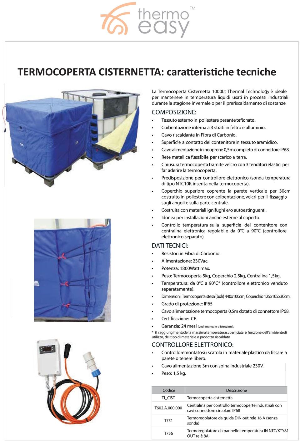 Cavo riscaldante in Fibra di Carbonio. a contatto del contenitore in tessuto aramidico. Cavo alimentazione in neoprene 0,5m completo di connettore IP68. Rete metallica per scarico a terra.