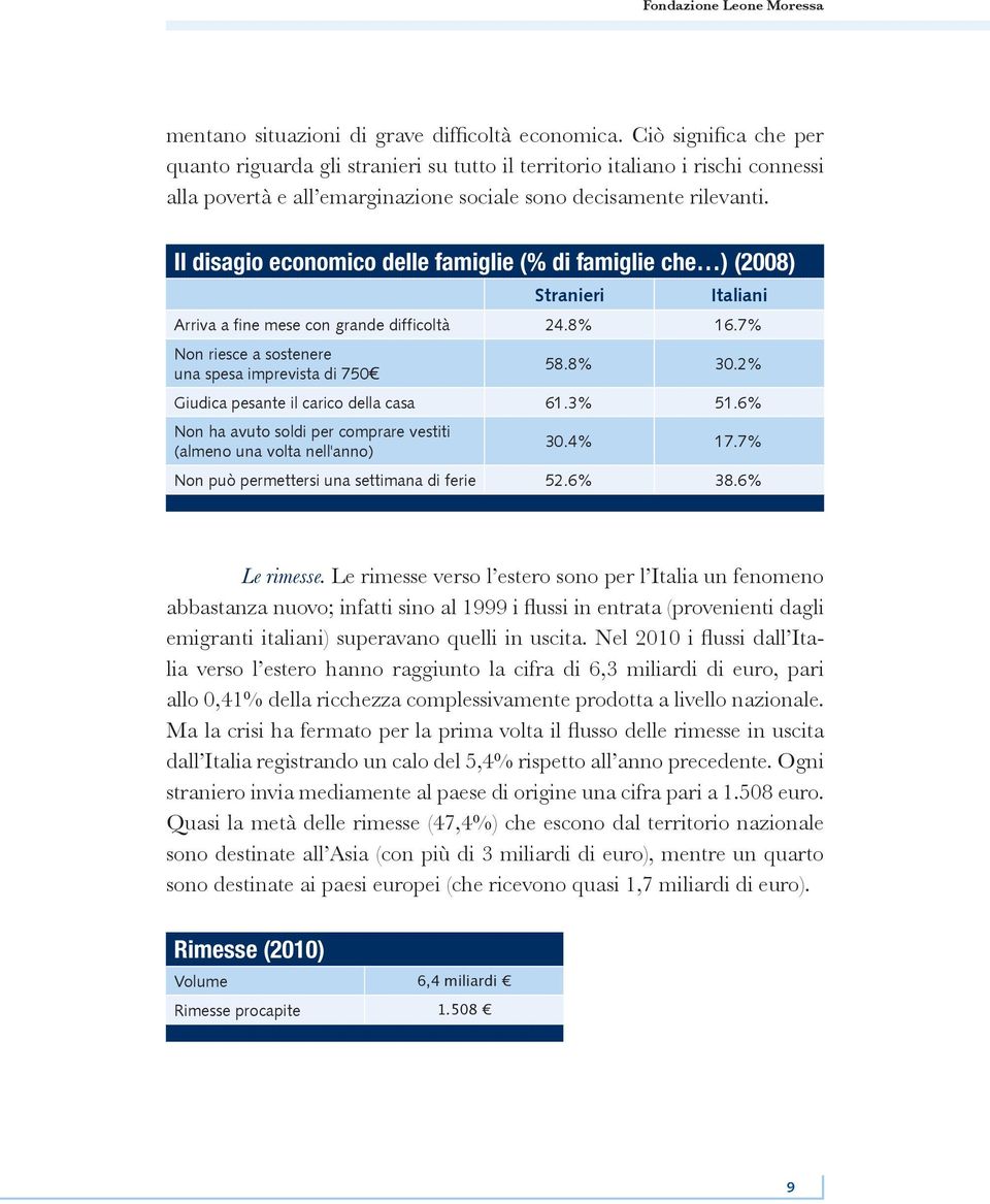 Il disagio economico delle famiglie (% di famiglie che ) (2008) Stranieri Italiani Arriva a fine mese con grande difficoltà 24.8% 16.7% Non riesce a sostenere una spesa imprevista di 750 58.8% 30.