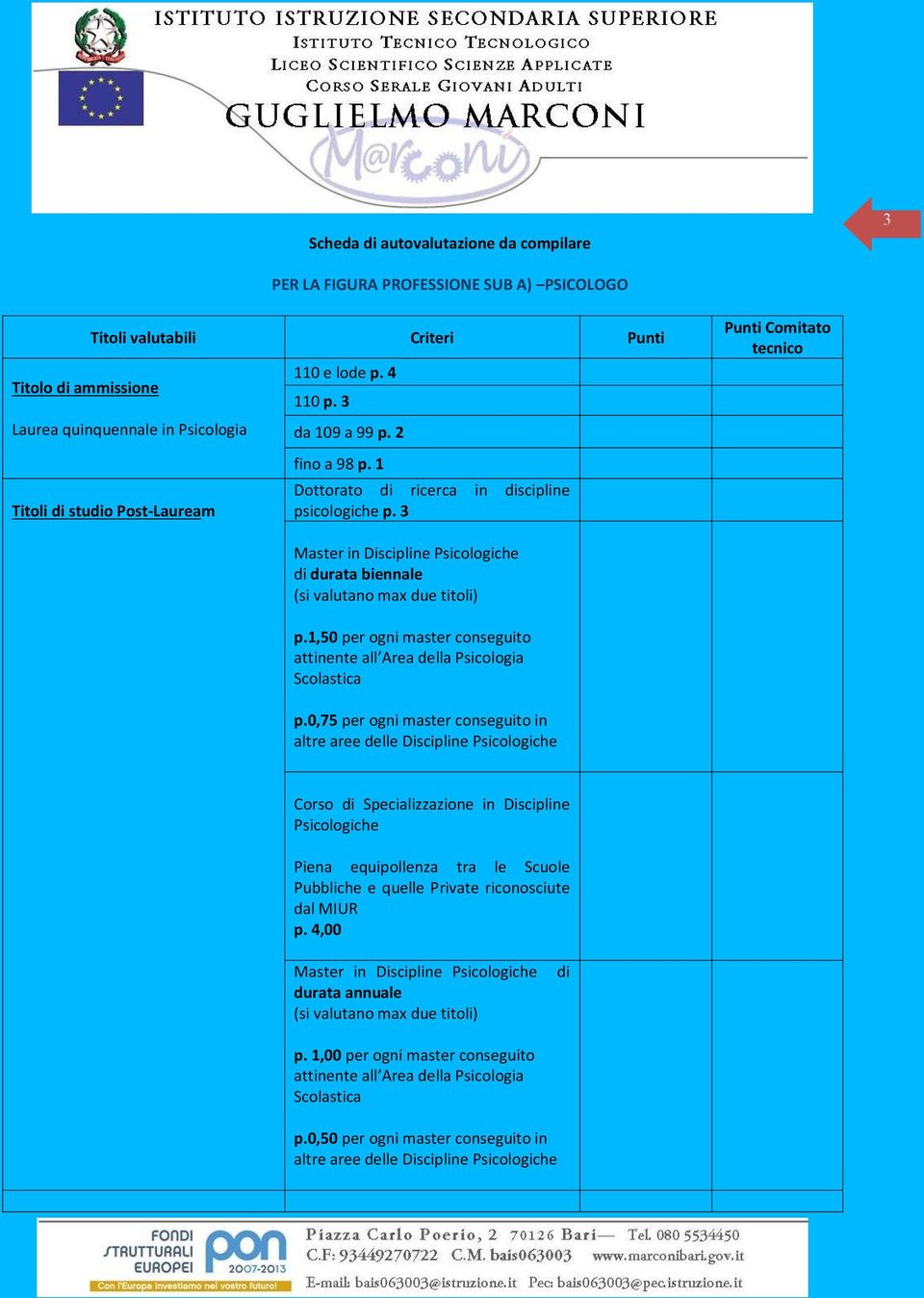 3 Punti Comitato tecnico Master in Discipline Psicologiche di durata biennale p.1,50 per ogni master conseguito attinente all Area della Psicologia Scolastica p.