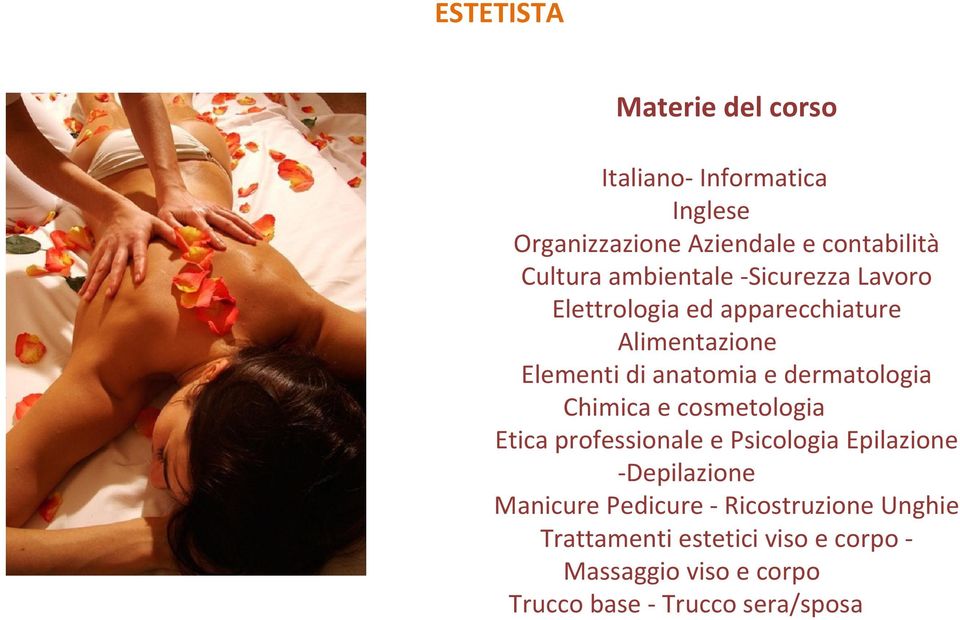 dermatologia Chimica e cosmetologia Etica professionale e Psicologia Epilazione Depilazione Manicure