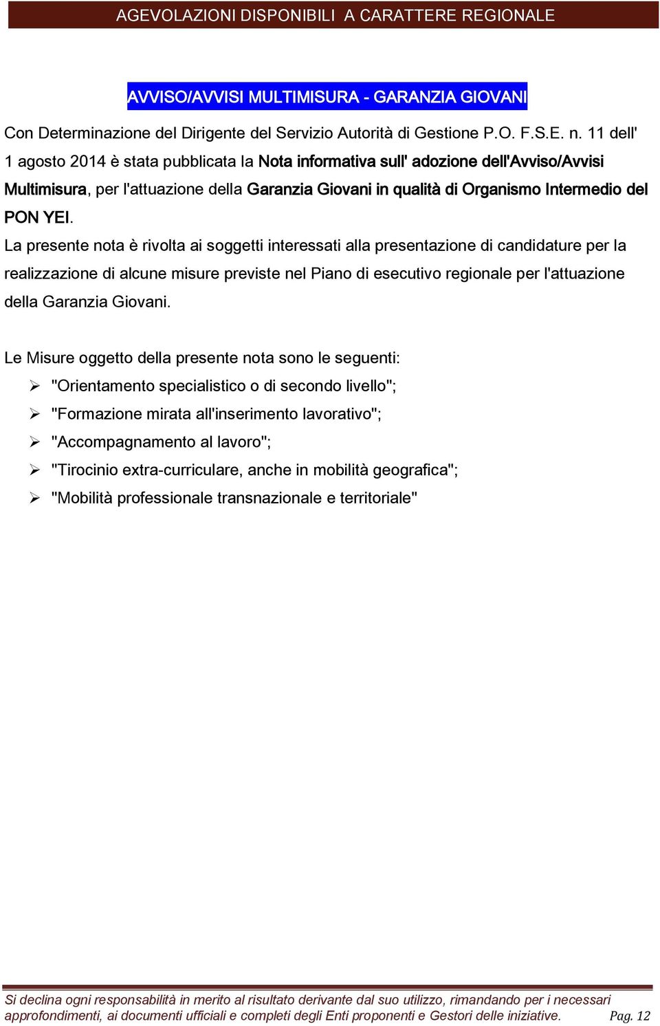 La presente nota è rivolta ai soggetti interessati alla presentazione di candidature per la realizzazione di alcune misure previste nel Piano di esecutivo regionale per l'attuazione della Garanzia