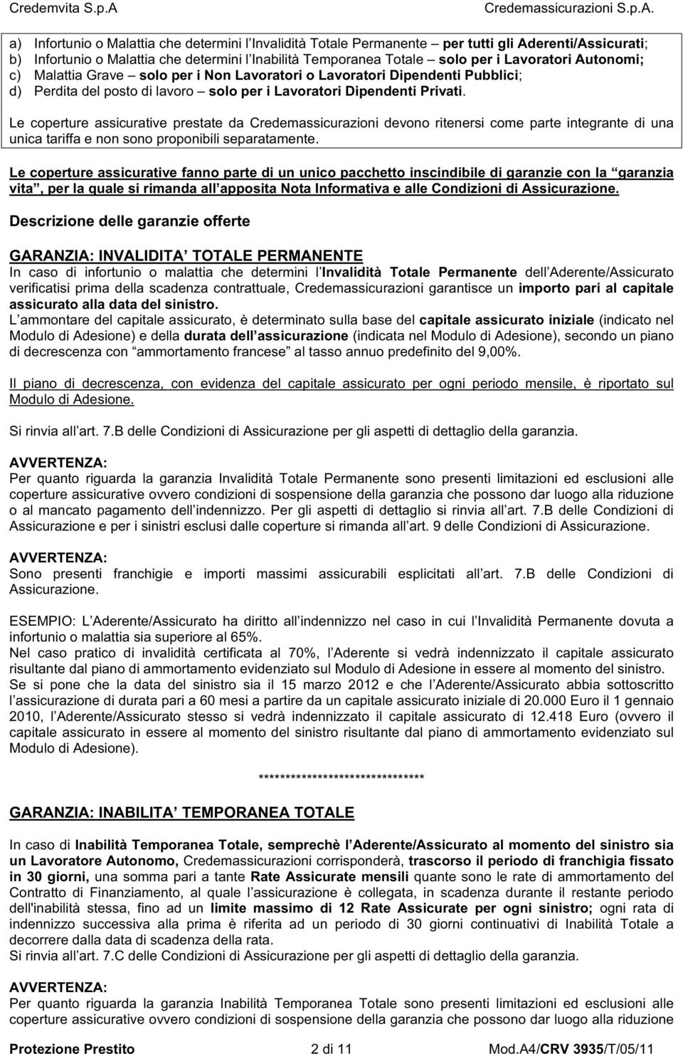 Le coperture assicurative prestate da Credemassicurazioni devono ritenersi come parte integrante di una unica tariffa e non sono proponibili separatamente.