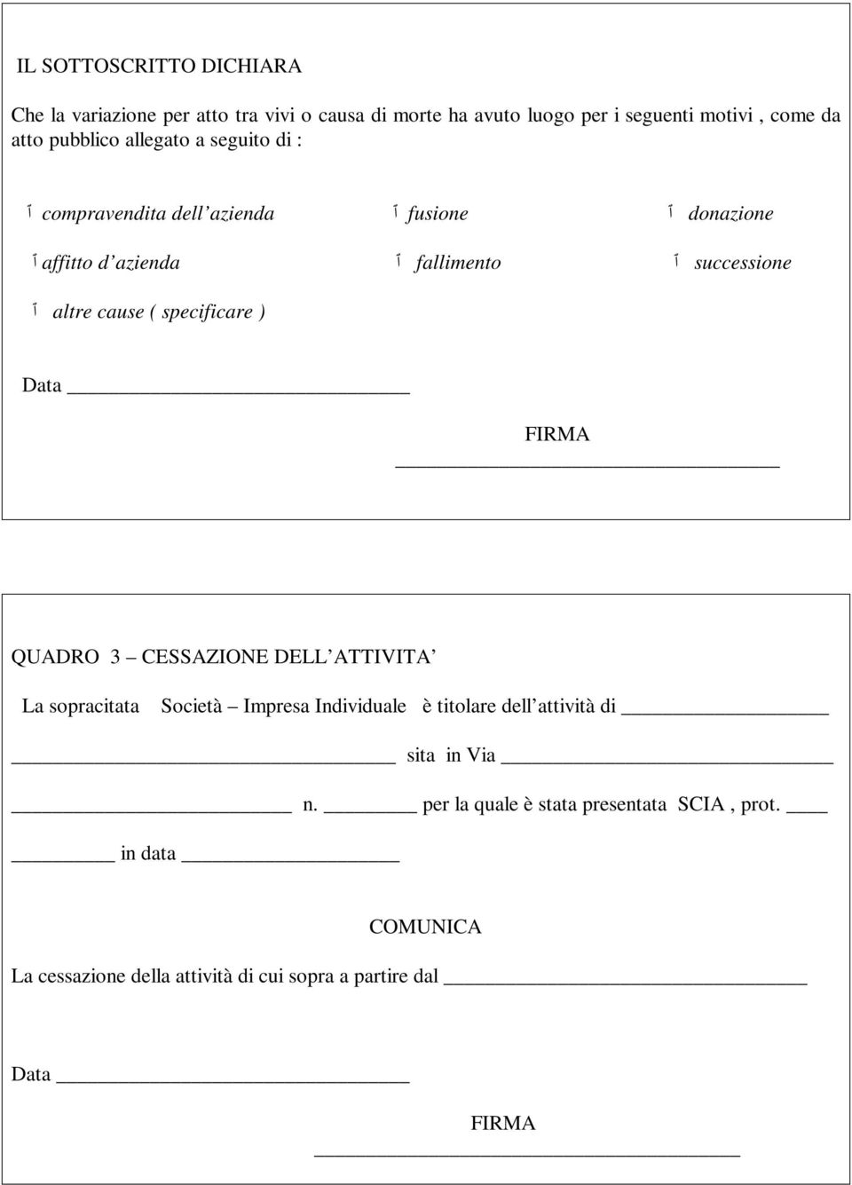 ( specificare ) Data QUADRO 3 CESSAZIONE DELL ATTIVITA La sopracitata Società Impresa Individuale è titolare dell attività di sita