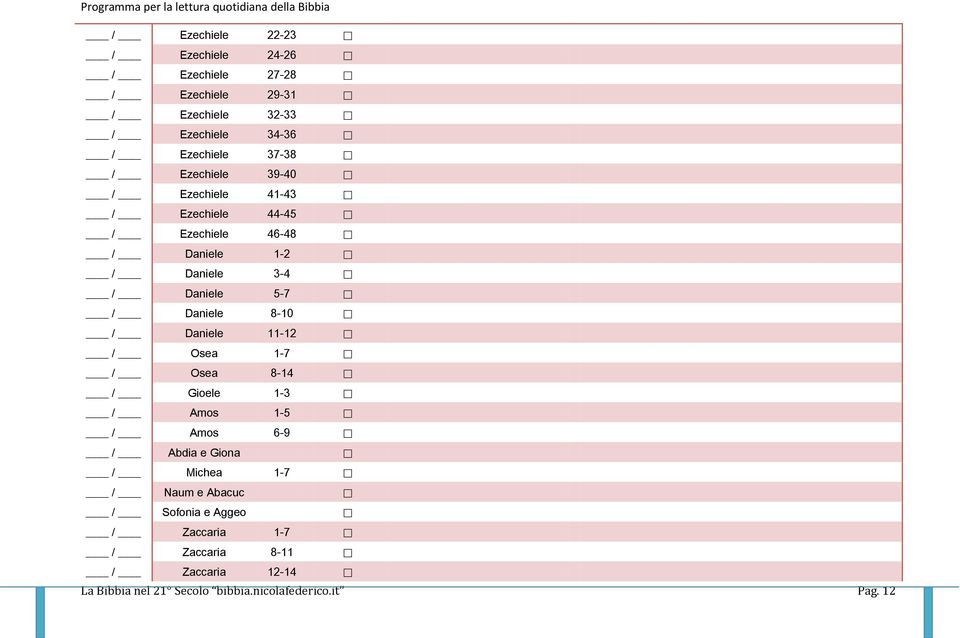 Daniele 8-10 / Daniele 11-12 / Osea 1-7 / Osea 8-14 / Gioele 1-3 / Amos 1-5 / Amos 6-9 / Abdia e Giona / Michea 1-7 / Naum
