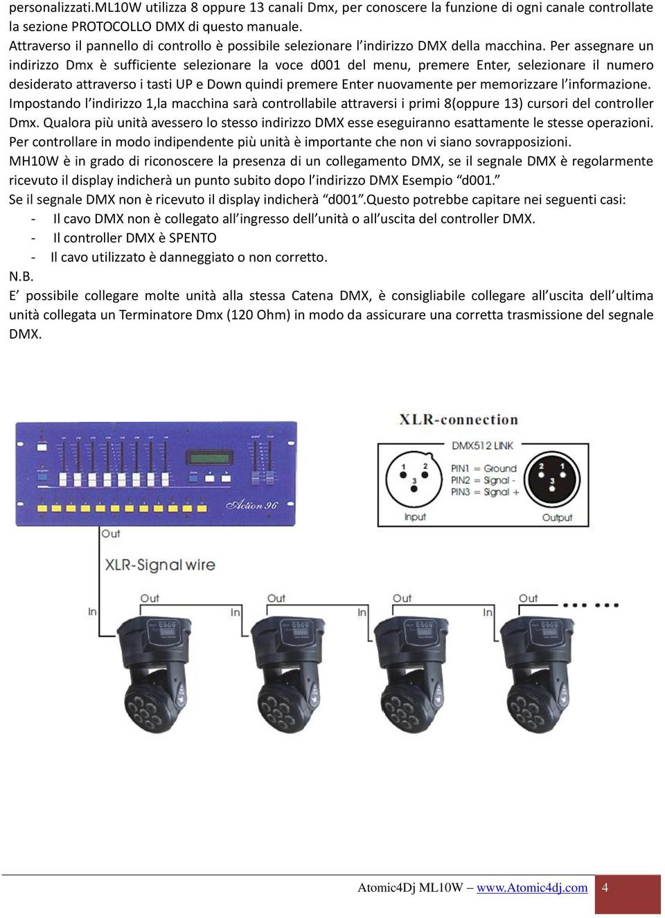 Per assegnare un indirizzo Dmx è sufficiente selezionare la voce d001 del menu, premere Enter, selezionare il numero desiderato attraverso i tasti UP e Down quindi premere Enter nuovamente per