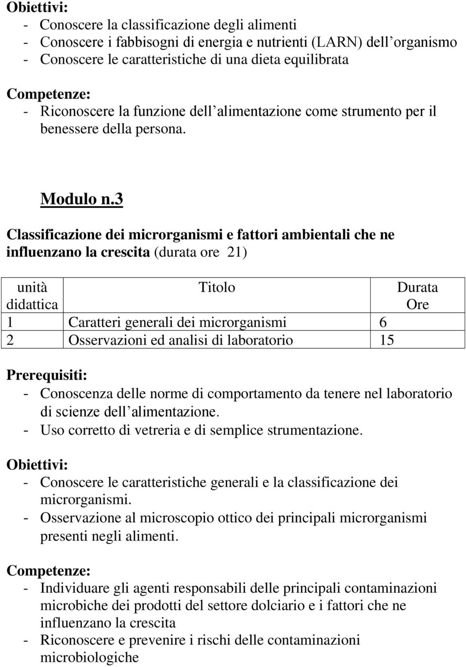 3 Classificazione dei microrganismi e fattori ambientali che ne influenzano la crescita (durata ore 21) 1 Caratteri generali dei microrganismi 6 2 Osservazioni ed analisi di laboratorio 15