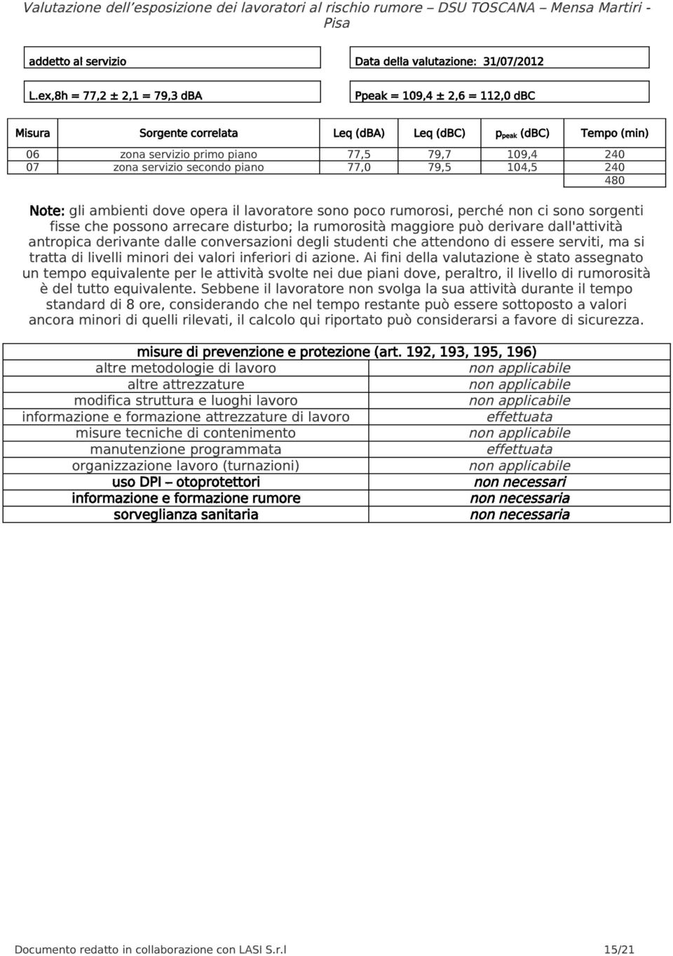 secondo piano 77,0 79,5 104,5 240 480 Note: gli ambienti dove opera il lavoratore sono poco rumorosi, perché non ci sono sorgenti fisse che possono arrecare disturbo; la rumorosità maggiore può