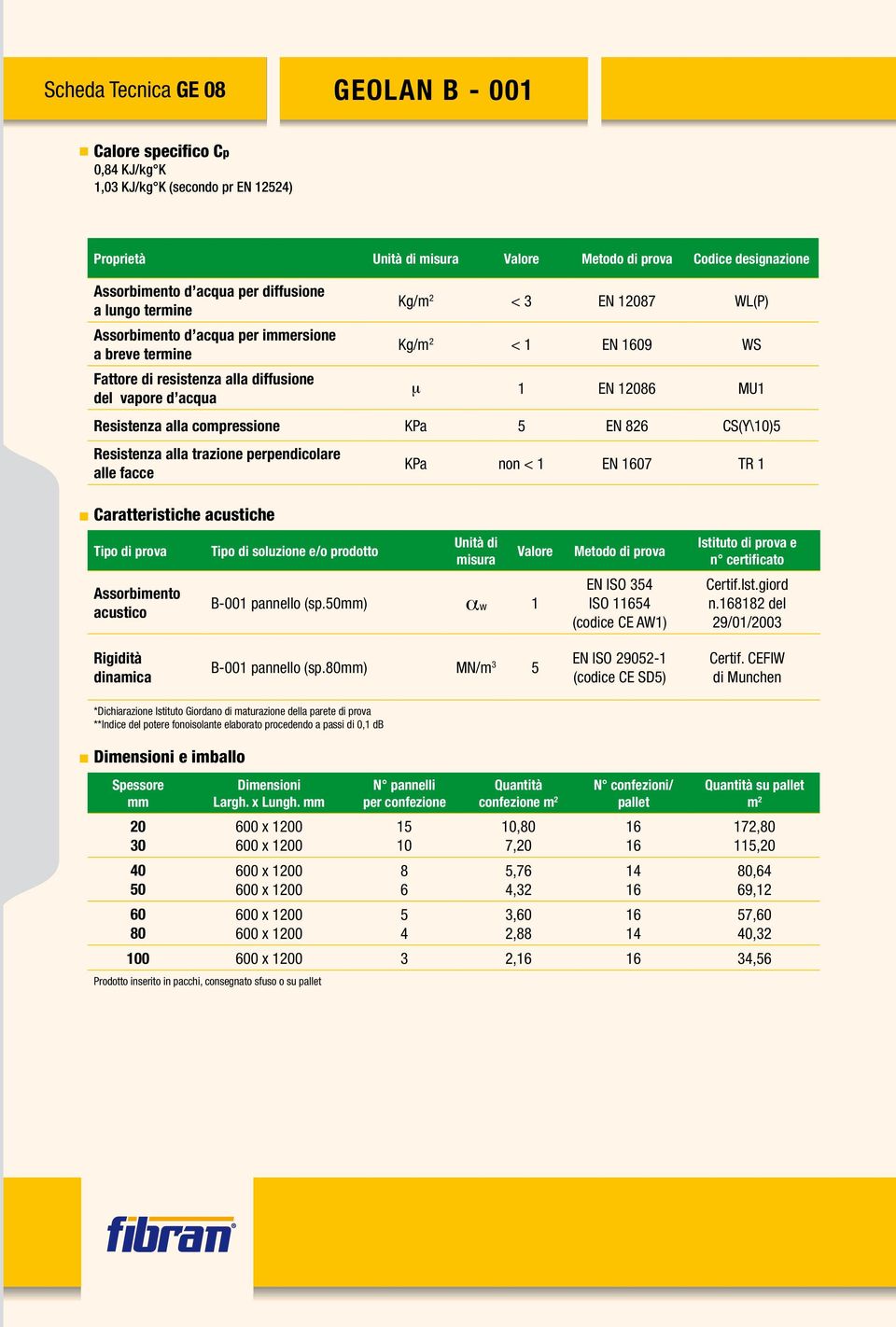 MU1 Resistenza alla compressione KPa 5 EN 826 CS(Y\10)5 Resistenza alla trazione perpendicolare alle facce KPa non < 1 EN 1607 TR 1 Caratteristiche acustiche Tipo di prova Assorbimento acustico Tipo