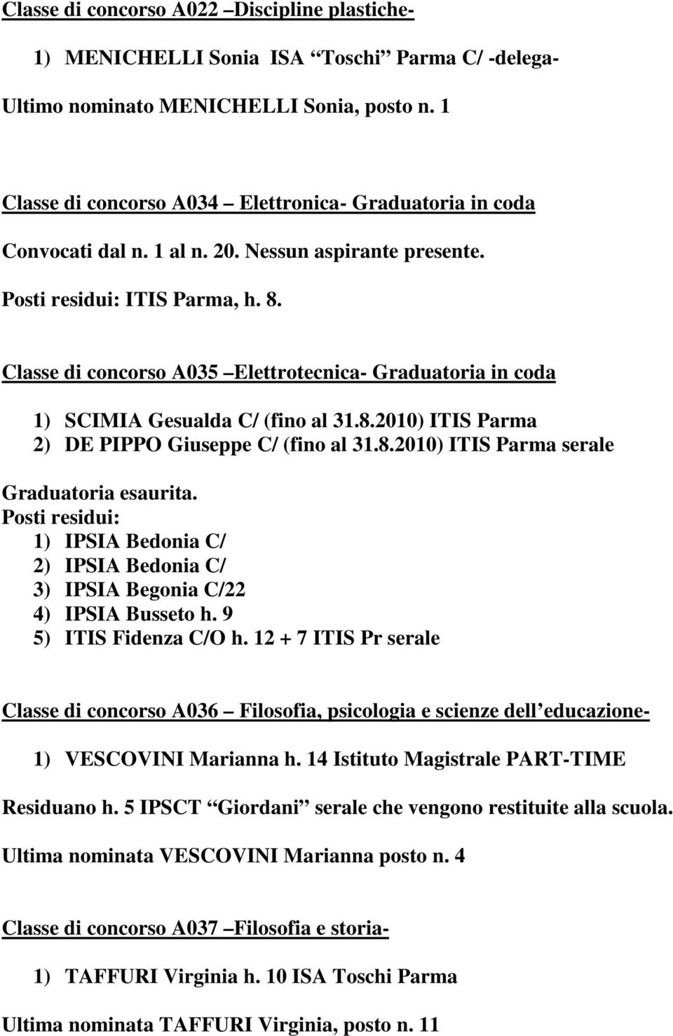 Classe di concorso A035 Elettrotecnica- Graduatoria in coda 1) SCIMIA Gesualda C/ (fino al 31.8.