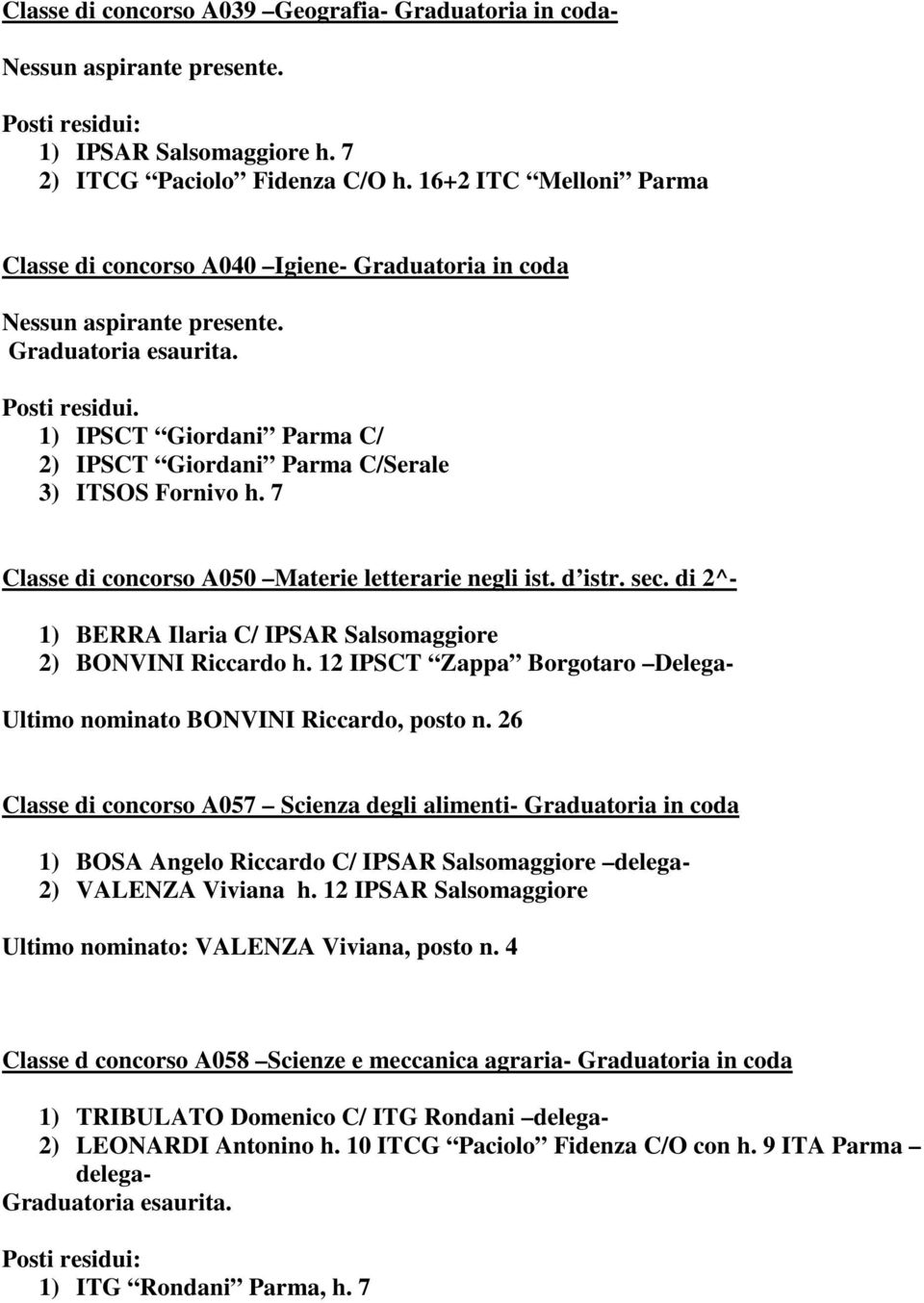 7 Classe di concorso A050 Materie letterarie negli ist. d istr. sec. di 2^- 1) BERRA Ilaria C/ IPSAR Salsomaggiore 2) BONVINI Riccardo h.