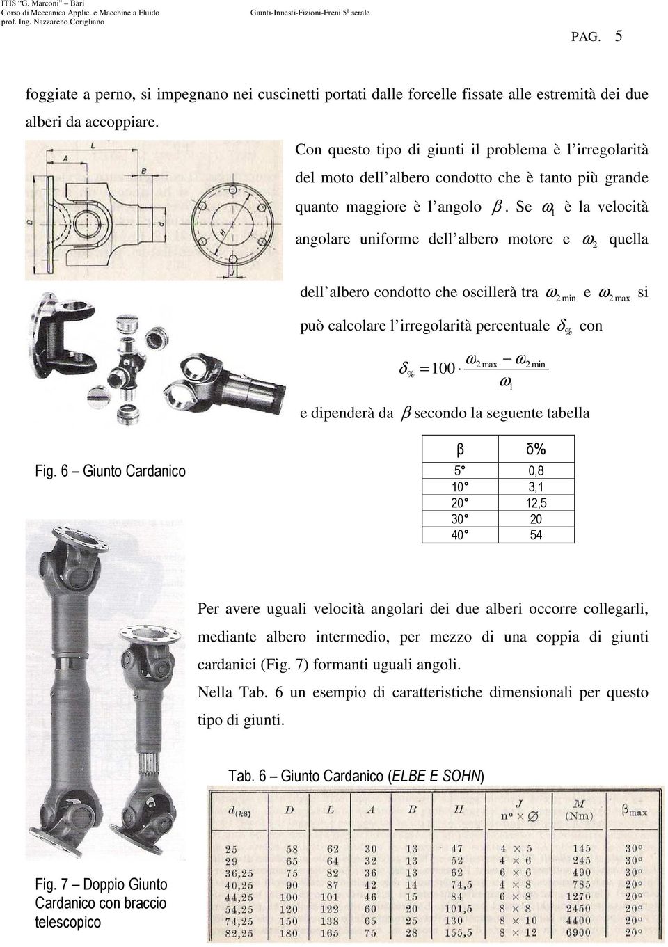 Se ω 1 è la velocià angolare uniorme dell albero moore e ω quella dell albero condoo che oscillerà ra ω e ω max si min può calcolare l irregolarià percenuale δ % con ω δ% 100 max ω ω 1 min e