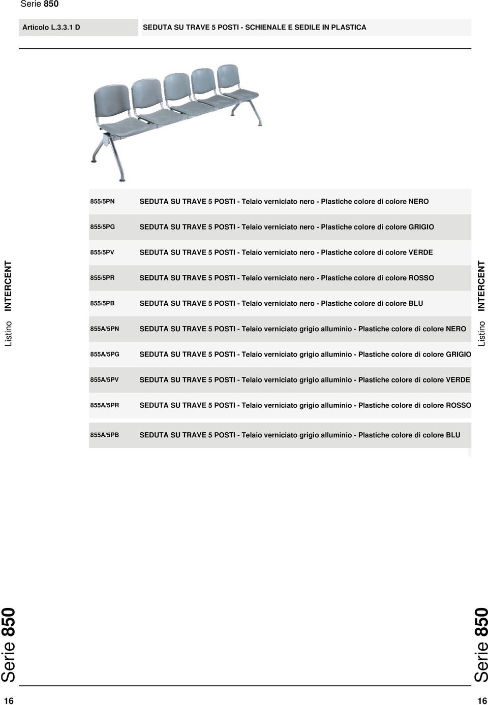 verniciato nero - Plastiche colore di colore GRIGIO 855/5PV SEDUTA SU TRAVE 5 POSTI - Telaio verniciato nero - Plastiche colore di colore VERDE 855/5PR 855/5PB 855A/5PN SEDUTA SU TRAVE 5 POSTI -