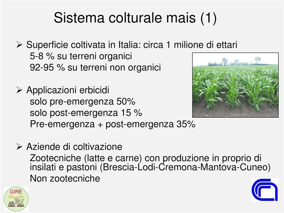 post-emergenza 15 % Pre-emergenza + post-emergenza 35% Aziende di coltivazione Zootecniche (latte e