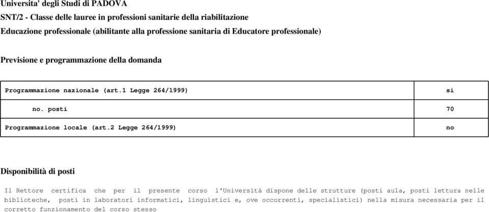 2 Legge 264/1999) no Disponibilità di posti Il Rettore certifica che per il presente corso l'università dispone
