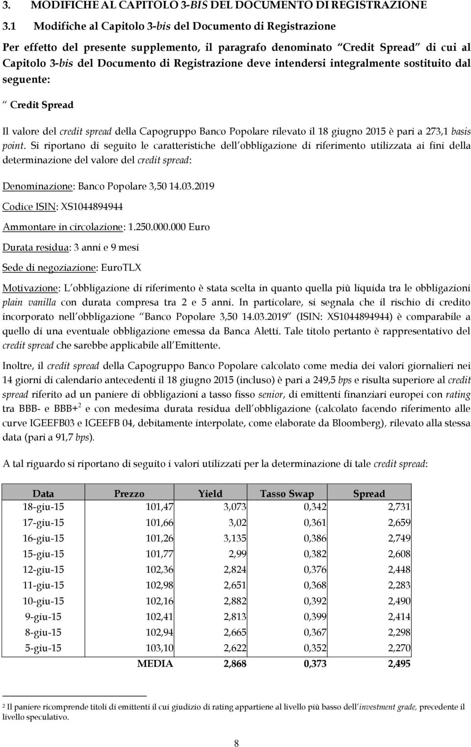 intendersi integralmente sostituito dal seguente: Credit Spread Il valore del credit spread della Capogruppo Banco Popolare rilevato il 18 giugno 2015 è pari a 273,1 basis point.