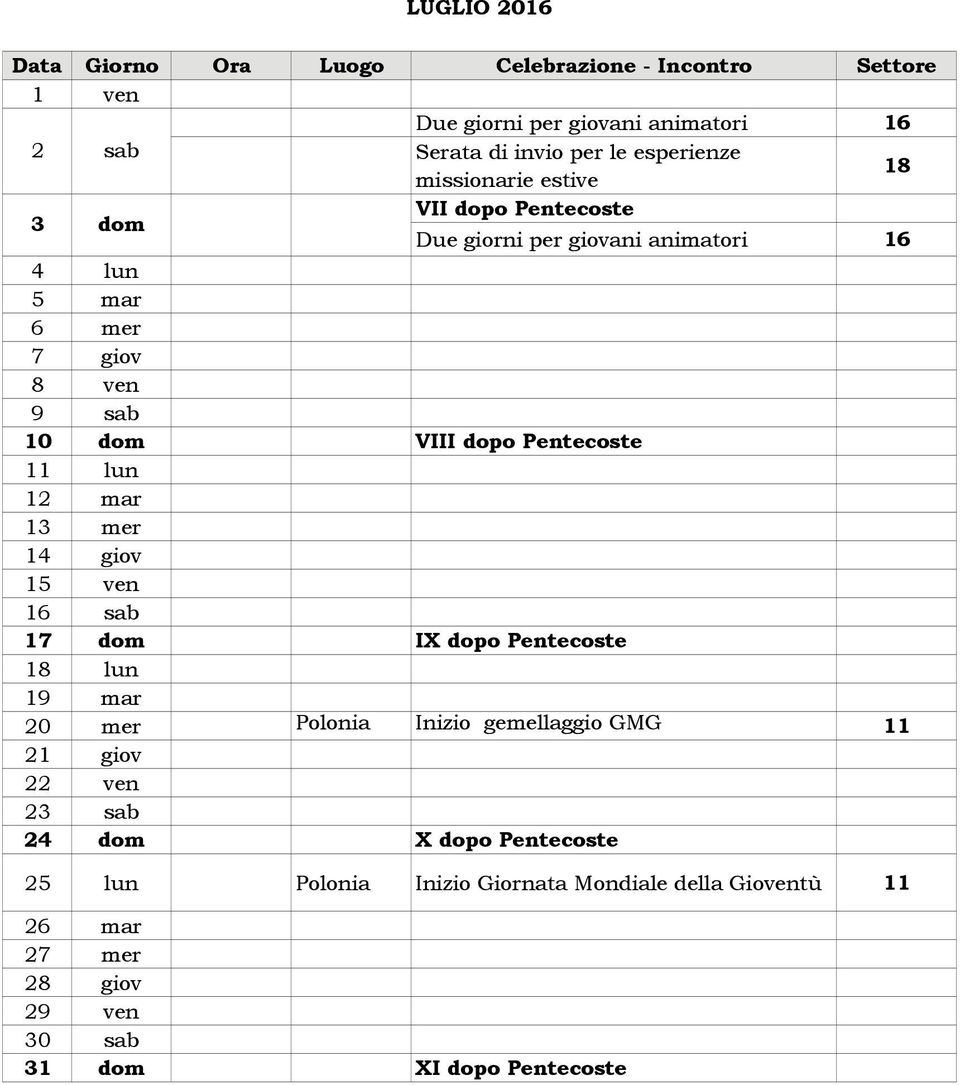 Pentecoste 11 lun 12 mar 13 mer 14 giov 15 ven 16 sab 17 IX dopo Pentecoste 18 lun 19 mar 20 mer Polonia Inizio gemellaggio M 11 21 giov 22