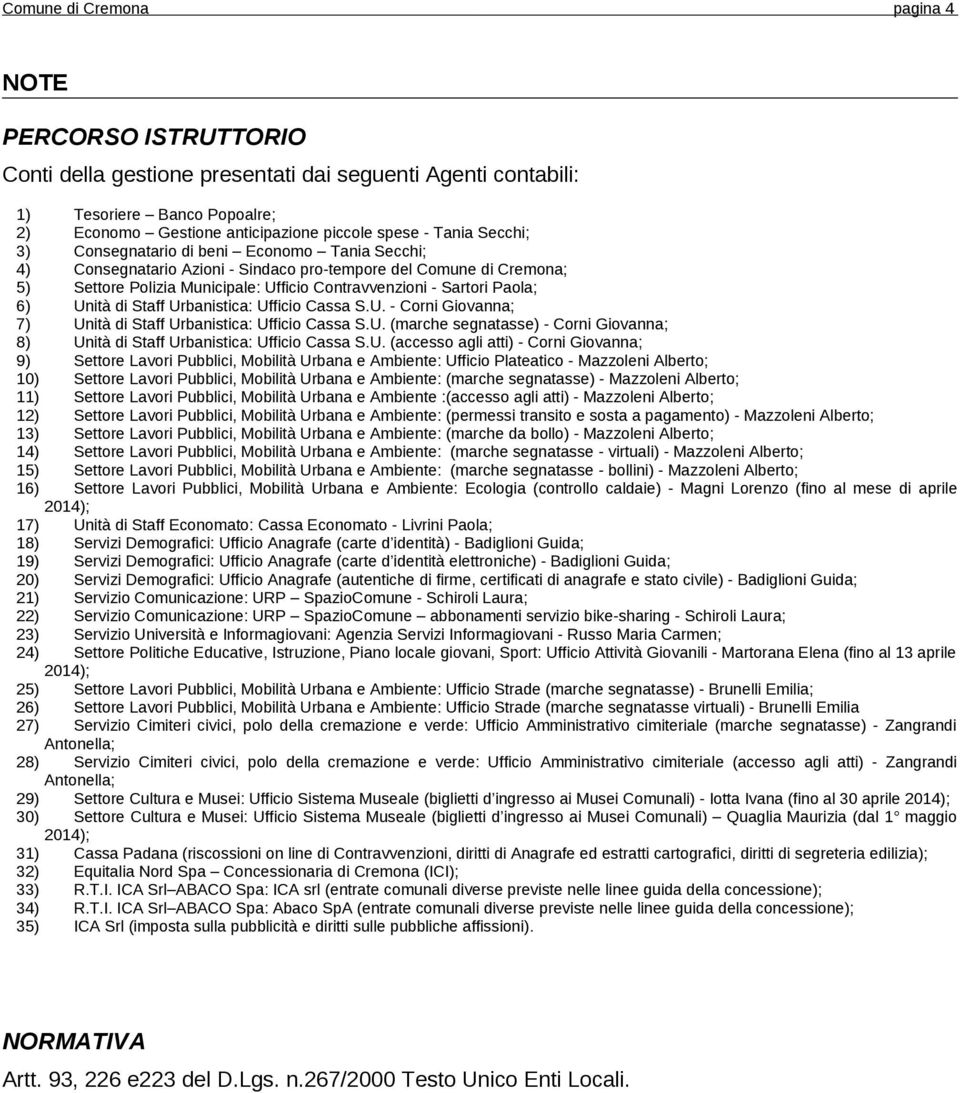 Paola; 6) Unità di Staff Urbanistica: Ufficio Cassa S.U. - Corni Giovanna; 7) Unità di Staff Urbanistica: Ufficio Cassa S.U. (marche segnatasse) - Corni Giovanna; 8) Unità di Staff Urbanistica: Ufficio Cassa S.