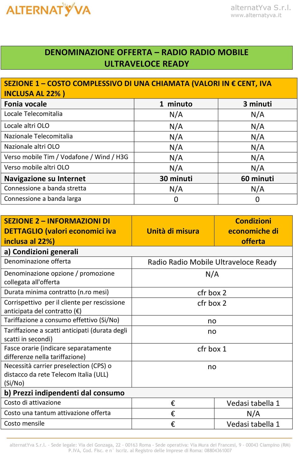 Connessione a banda larga 0 0 SEZIONE 2 INFORMAZIONI DI DETTAGLIO (valori ecomici iva inclusa al 22%) a) Condizioni generali Deminazione offerta Deminazione opzione / promozione collegata all'offerta